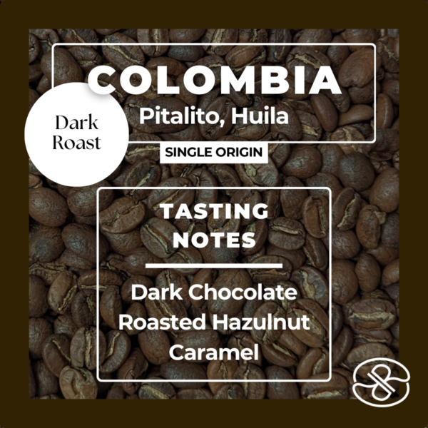Colombia coffee label with taste notes dark roast